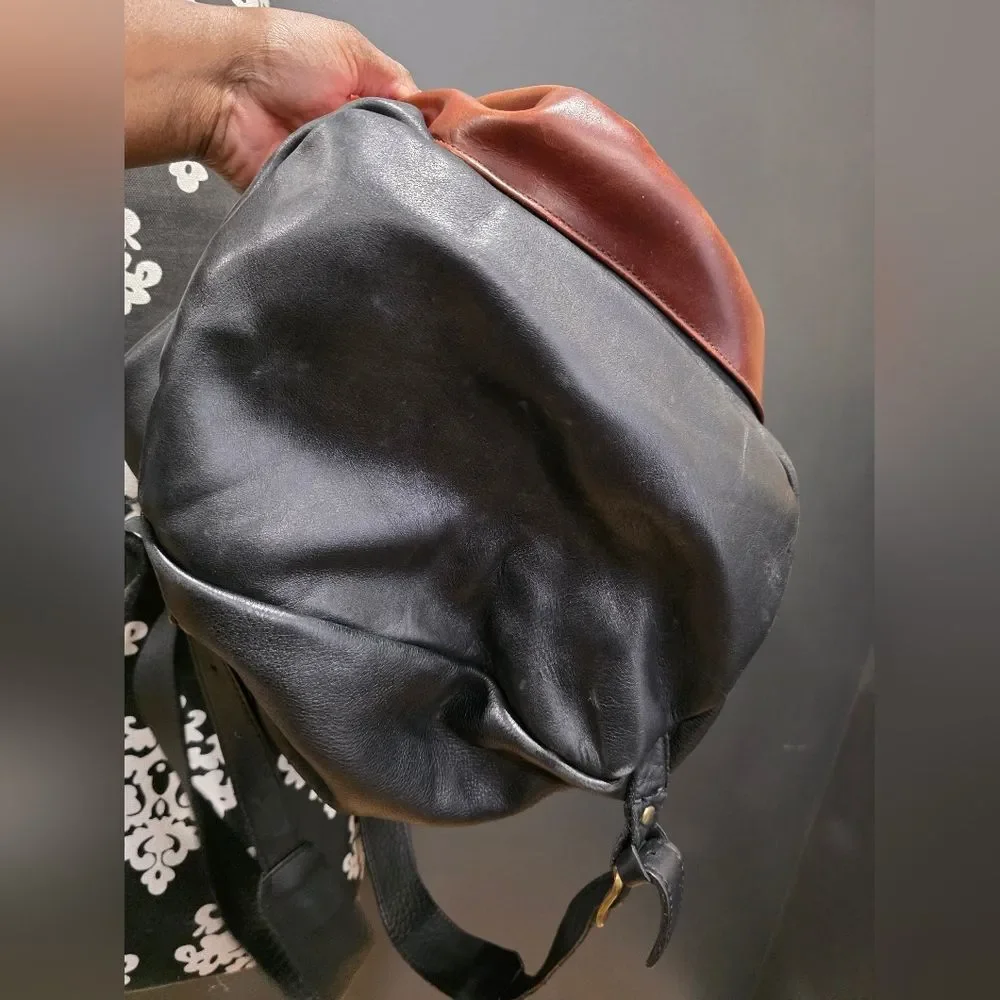 Two Tone Brown and Black Leather Full Size Buckle Closure Backpack 16x14
